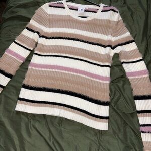 Cream and Pink Crew Neck Striped Sweater